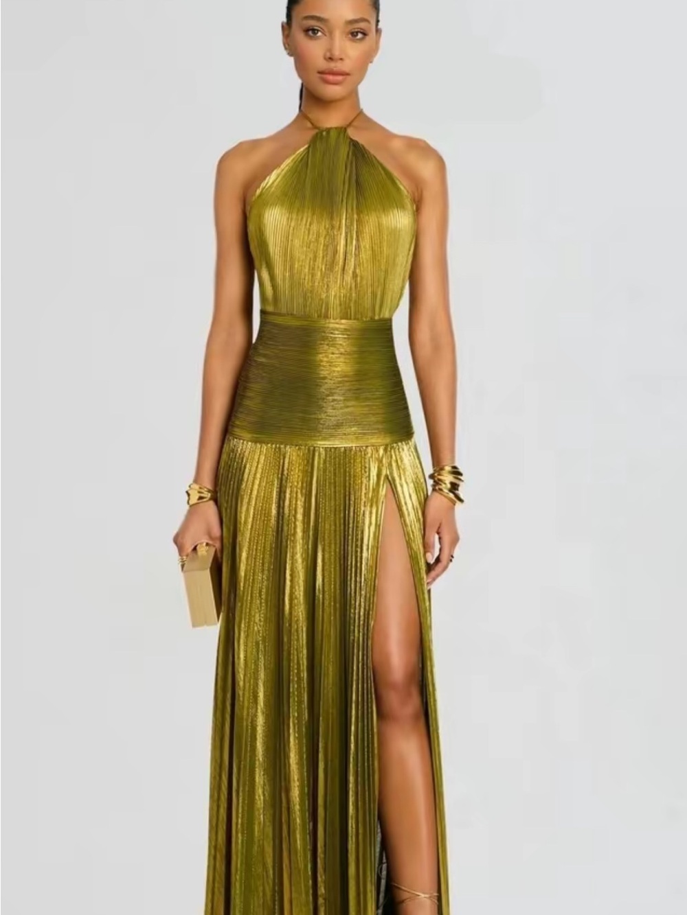 One-Shoulder Metallic Olive Evening Gown